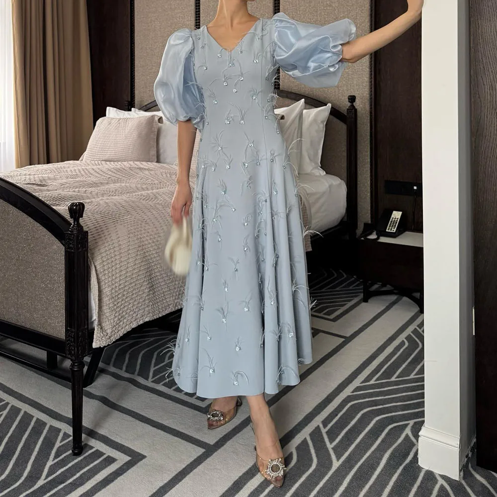 

Customized A-line Evening Dresses Tea-length V-neck Half Sleeve Prom Gown Fashion Crystal Feathers Simple Draped Party Gown