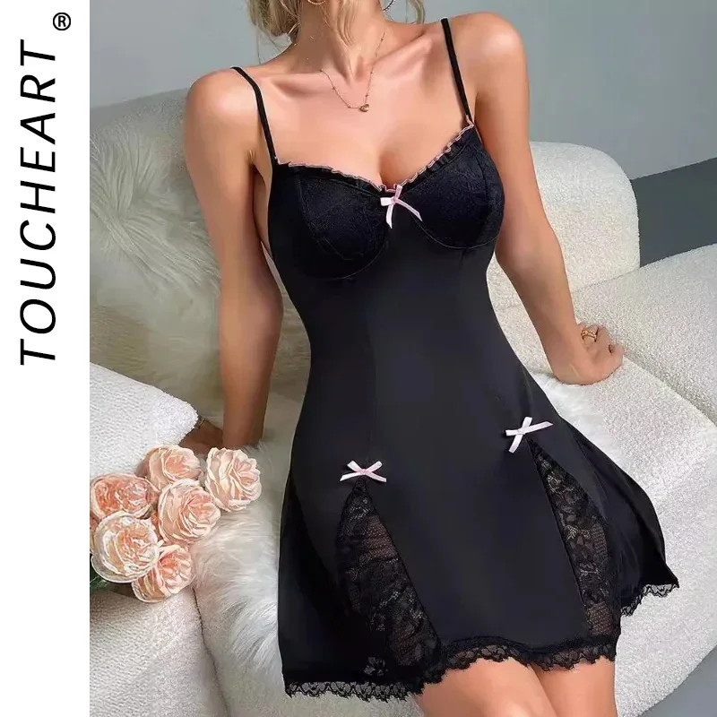 

Toucheart Sexy Bow Knot Lingerie Women Sleepwear Pajamas Lace Camisole Dress V Neck Backless Sexy Women Lace Sleepwear Dress New
