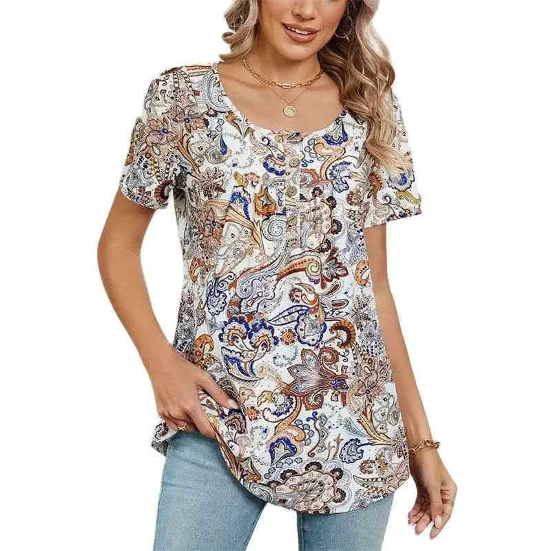 

Elegant Botanical Flower Print Short Sleeve T-Shirt Women Korean Casual Loose Tops O Neck Button Splicing Decoration Female Tees