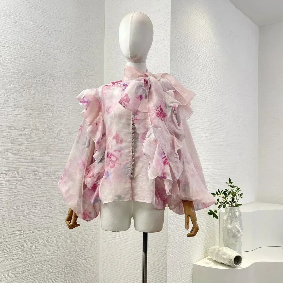 Pink Romantic Women New Oufit Series High Quality Floral Print Ruffles Bow Diamonds Lantern Sleeve Blouse and Mini Skirt Set