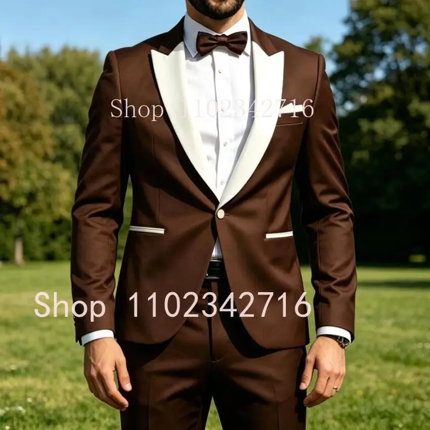 

Classic Brown 2 Piece Men Suits Groom Groomsman Wedding Party Prom Formal Suit Occasion Business Male Tuxedos Blazer Pants Set