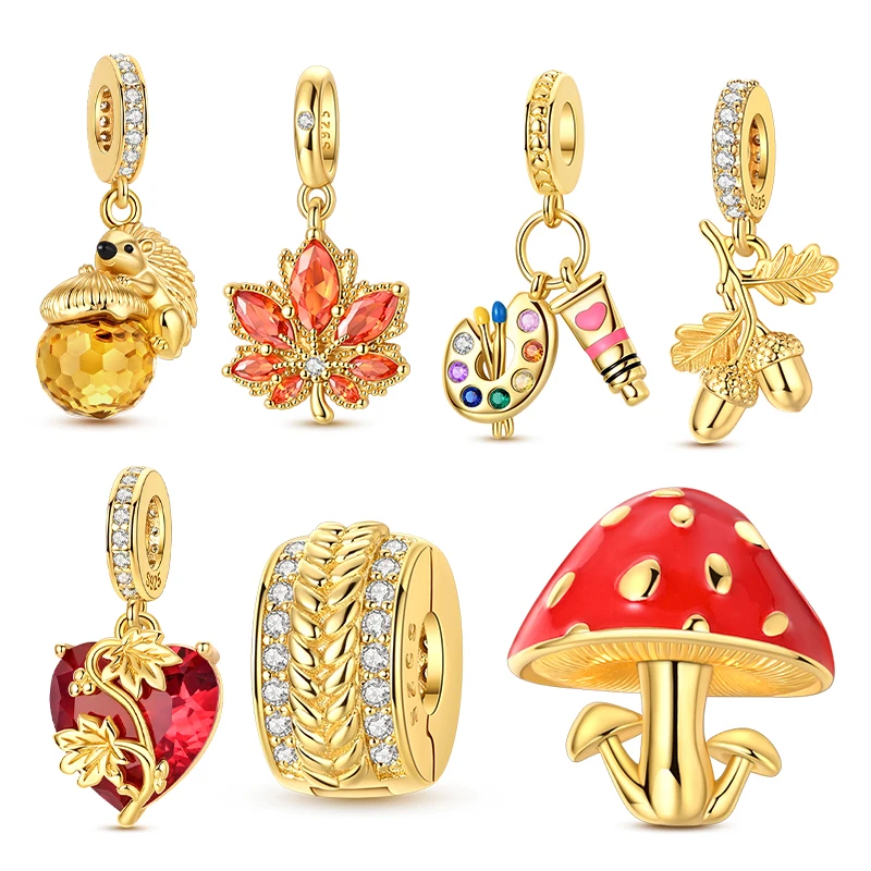 Charm 925 Silver Summer Golden Maple Leaves Charms Beads Fits Original Silver Bracelet Necklace DIY Fine Jewelry For Womens Gift