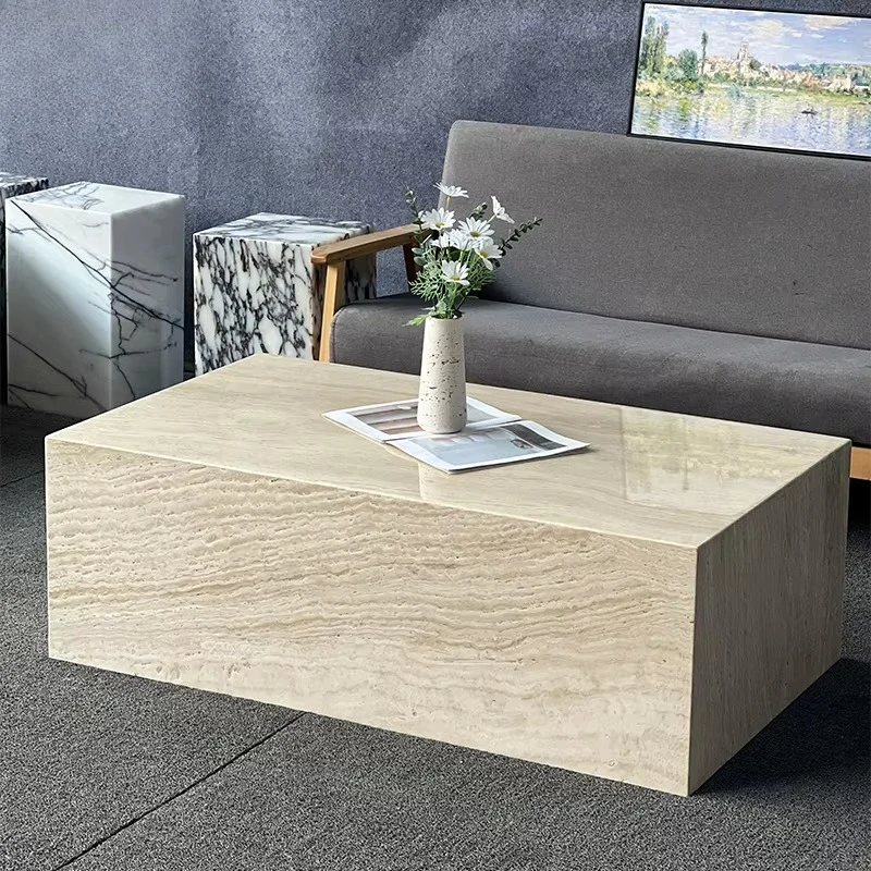 Wabi-sabl Style Modern Cube Low Plinth Super White Travertine Coffee Table for Livingroom Villa Hotel Decor