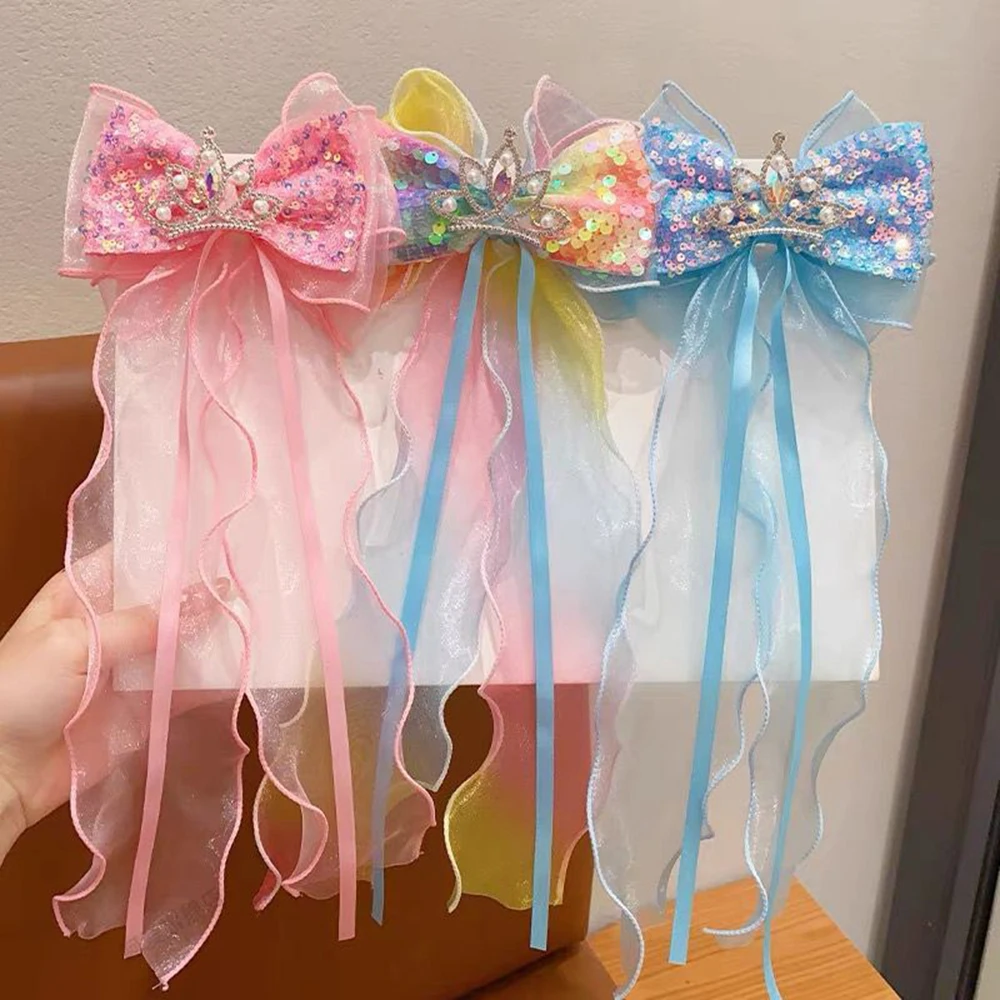 Snowflake Hairpin Large Bow Sequined Ribbon Hairpin Top Clips Girl Princess Crown Clip Braided Headpiece For Kids