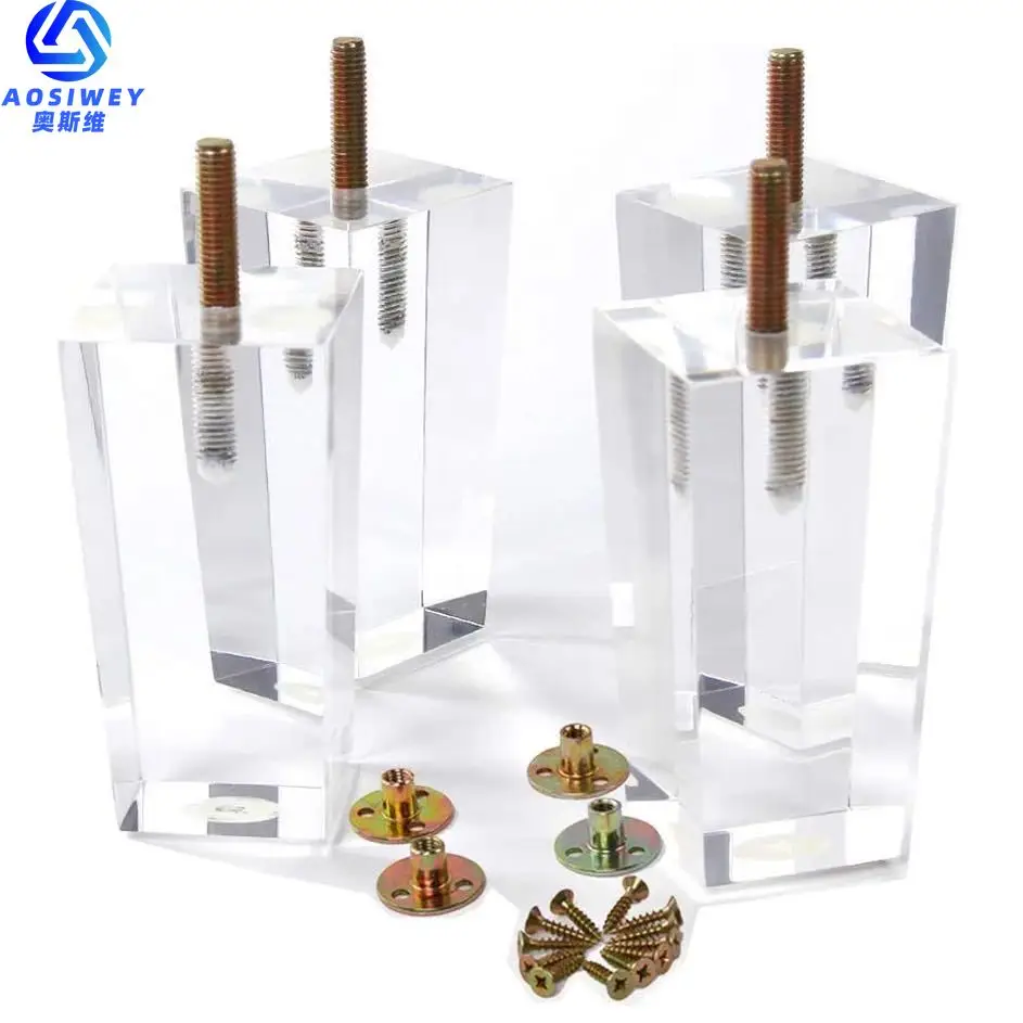 1Pcs 4inch Acrylic Furniture Legs Square Transparent Sofa Legs Replacement for Home Chairs Bed Drawers Coffee Table with Screws