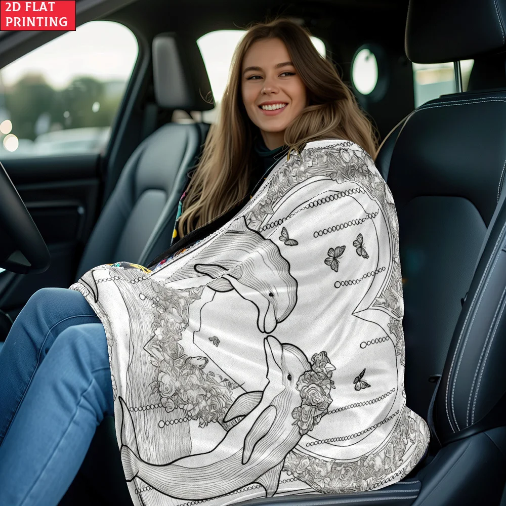 2D Flat Single-Piece Dolphin Kissing Heart Border Line Art HD Printed Blanket. Soft and Warm Flannel Blanket, Suitable for Trave