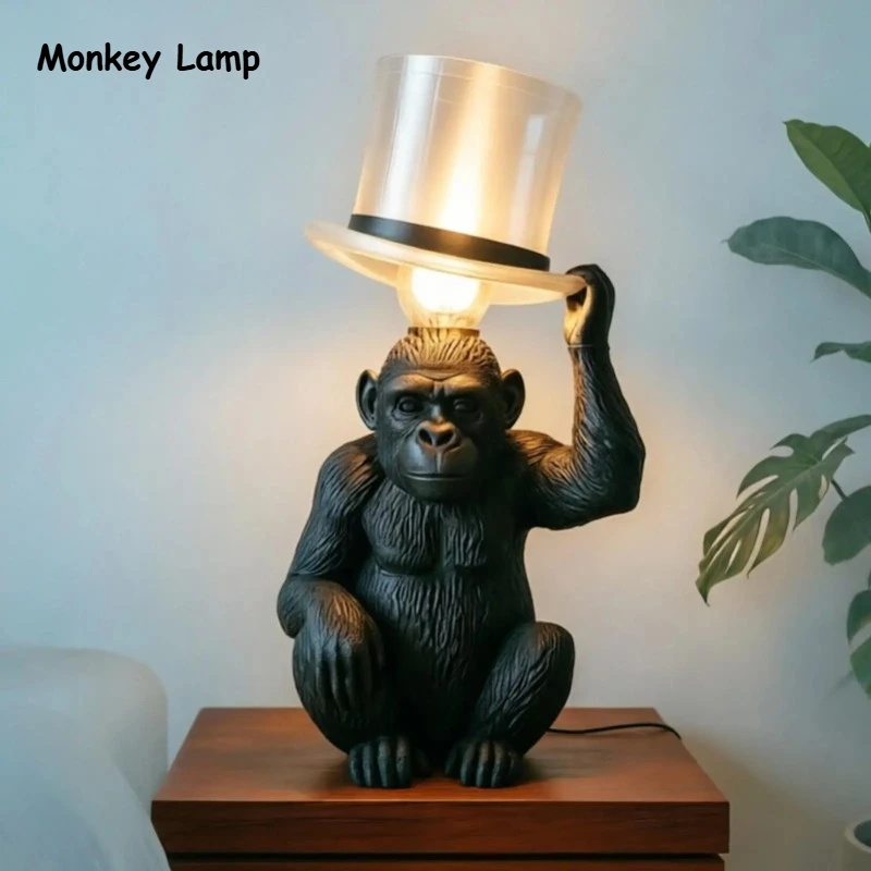 Monkey Lamp Top Hat Monkey Resin Bedside LED Table Lamp Statue Table Light for Home Office Bar Bedroom Living Room Coffee Table