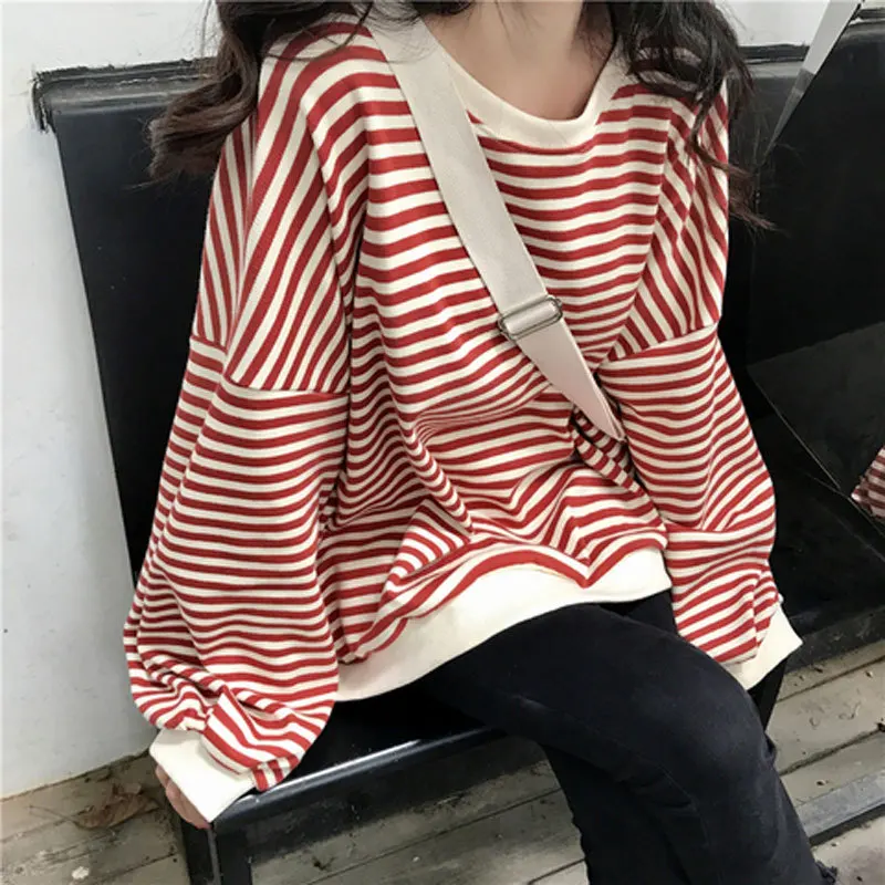 

Thin Hoodie Women's Pullover Spring and Autumn New Long Sleeved Korean Version Student Loose and Versatile Striped Jacket Top