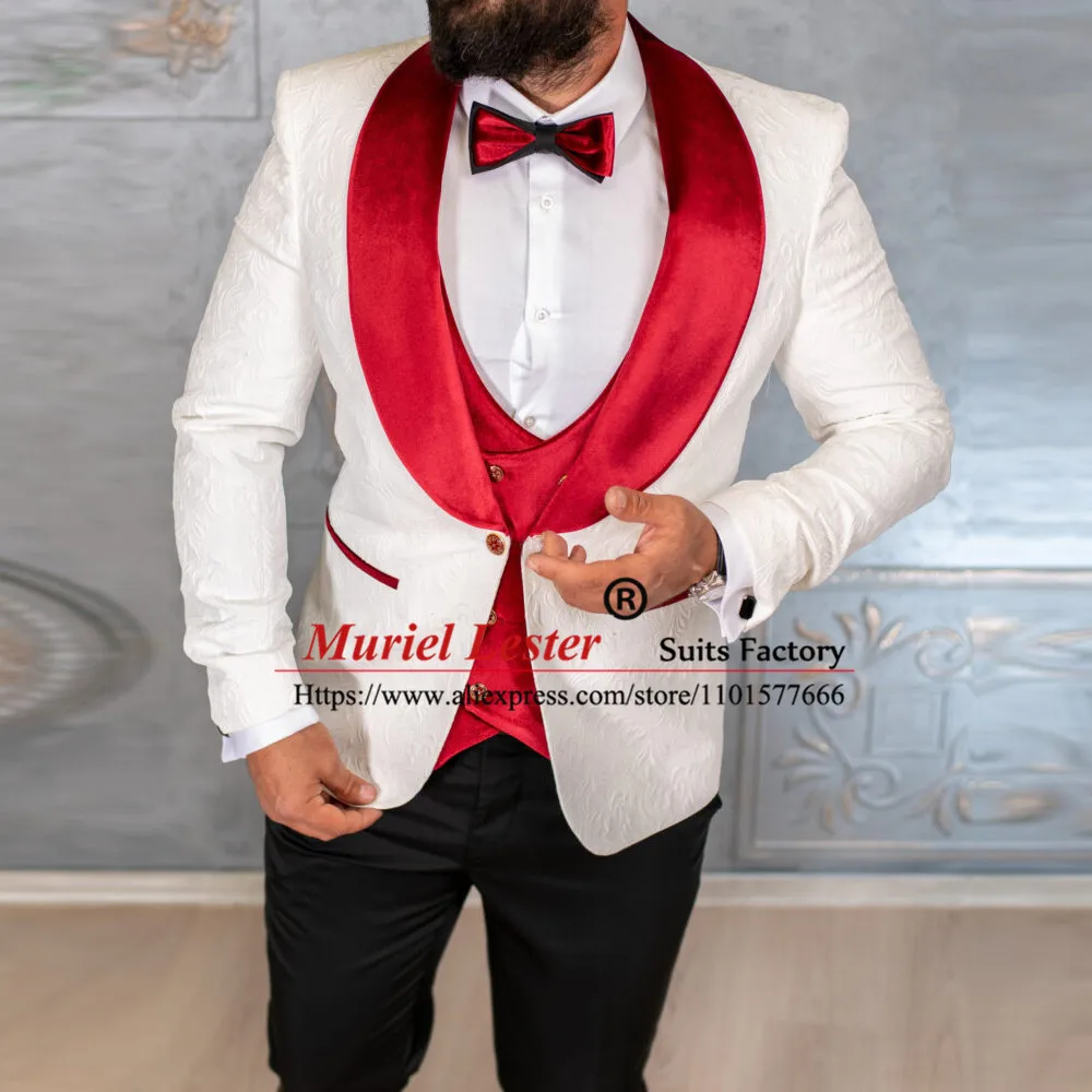 

Formal Men's Suits Slim Fit Red Laple White Floral Blazer Sets Tailore-Made Plus Size Groom Wear Wedding Tuxedo Fashion Dress