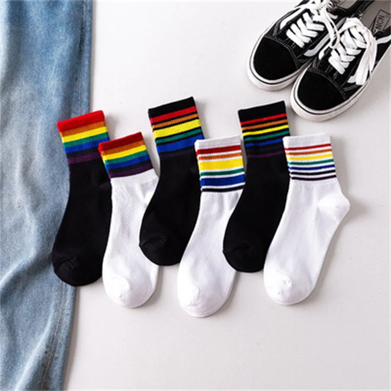 1 Pair New Fashion Cotton Rainbow Stripes Socks Christmas Gift Classic Warm Casual Tide Funny Cute Pop Korean Socks for Women