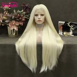 Imstyle Long Straight Wig Blonde Synthetic Lace Front Wig White Black Lace Wigs Heat Resistant Fiber Cosplay Wig 30 Inch