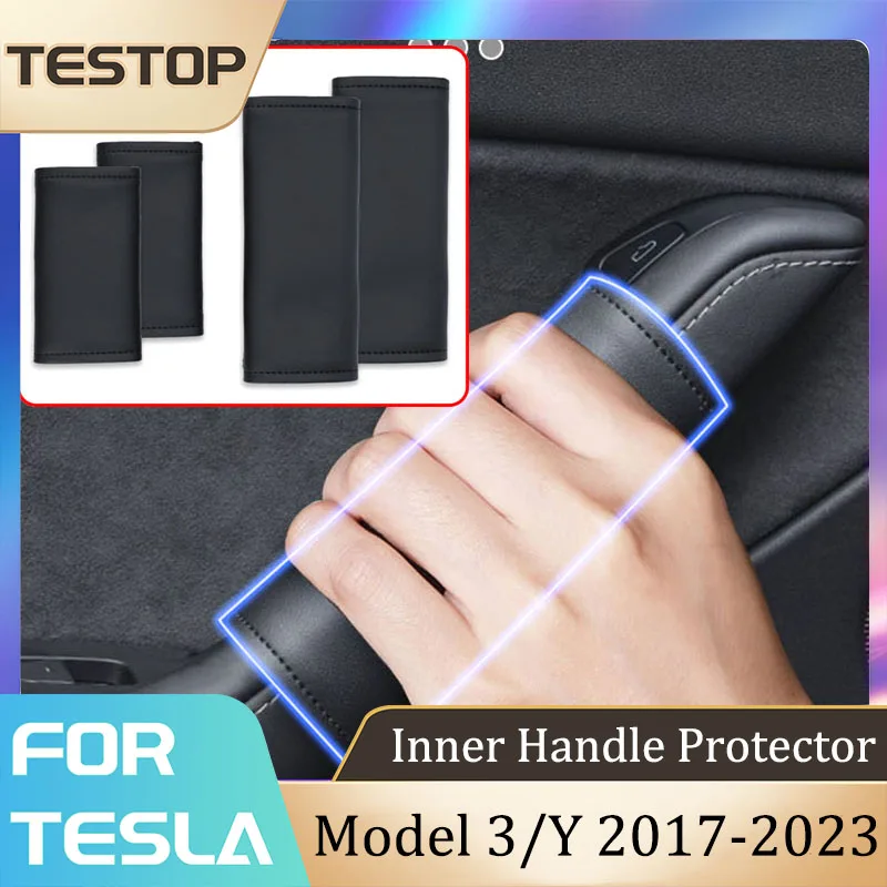 4PCS/SET Door Inner Handle Protector Cover Leather For Tesla Model 3/Y 2023 Car Interior Accessories Auto Parts