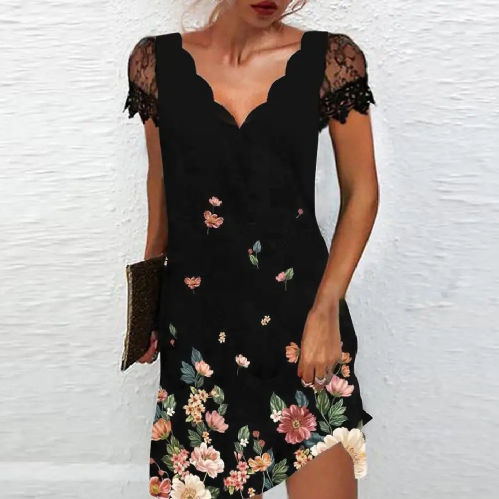 

Loose Fit Dress Elegant Lace Patchwork Floral Print V Neck A-line Mini Dress for Women for Summer Parties Dates Office Wear Lady