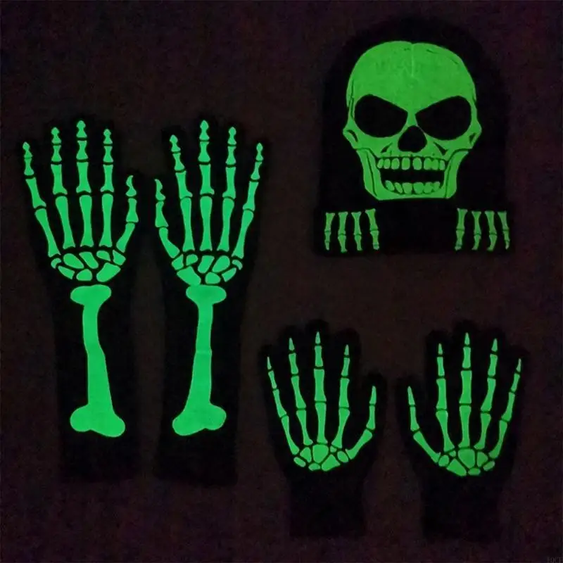 Glow Skeleton Claw Gloves for All Ages Halloween Skull Head Hat Costume Accessories Noctilucence Cuff Gloves