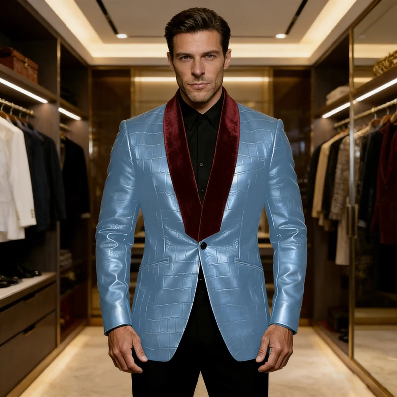 

Men‘s Crocodile Pattern Leather Tuxedo Blazer with Corduroy Shawl Collar One Button Suit Jacket Vintage Slim Fit Wedding Party