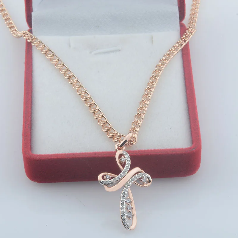 FJ Women 585 Rose Gold Color Butterfly Shaped Crystal Cross Pendant Link Chain