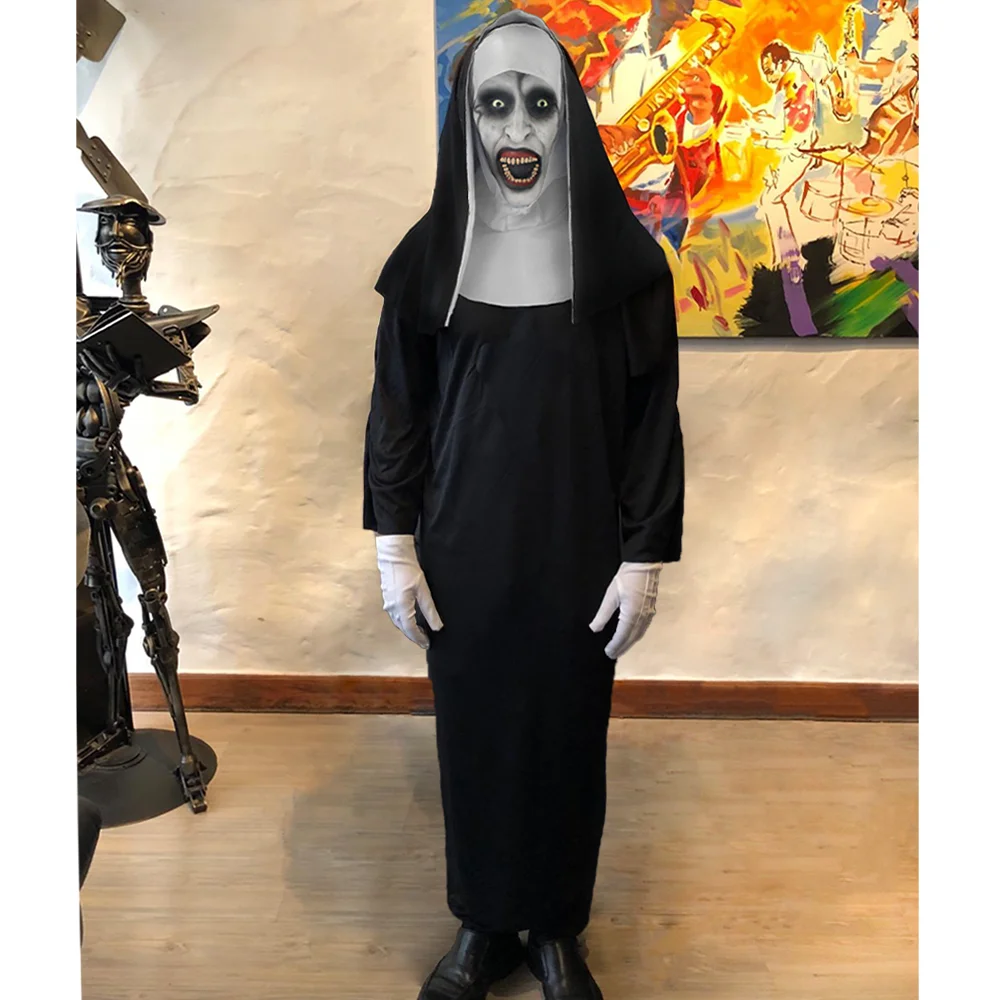 Halloween Horror Nun Mask set di costumi Cosplay Valak Latex Helmet Robe spaventoso pazzo raccapricciante padrino sacerdote Carnival Party puntelli