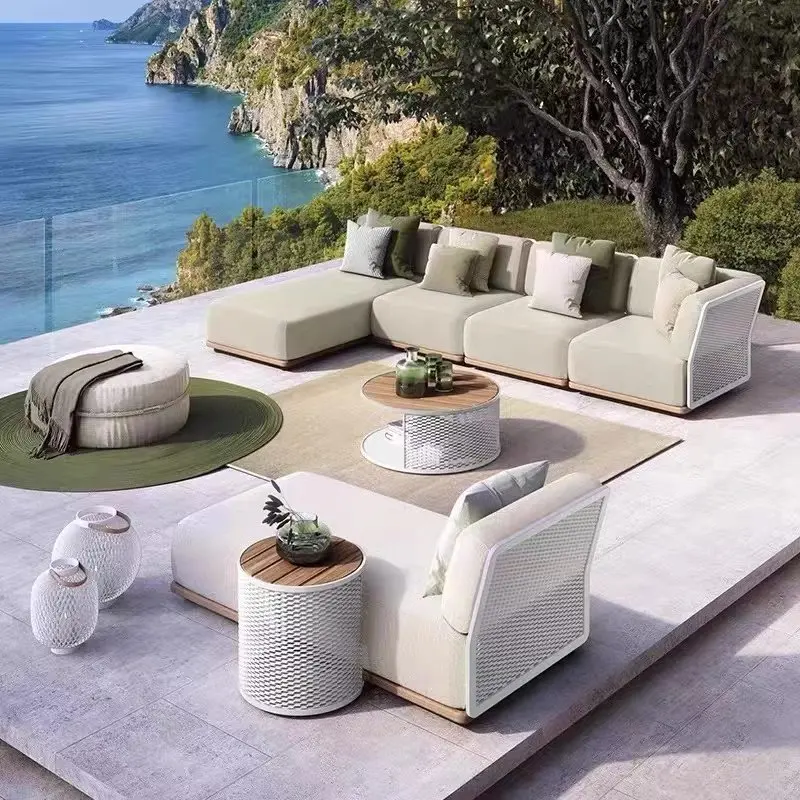 ！@Outdoor L-Shaped Sofa Bed Set-Villa/Courtyard Teak Waterproof Modern Simple Design for Terrace & Garden