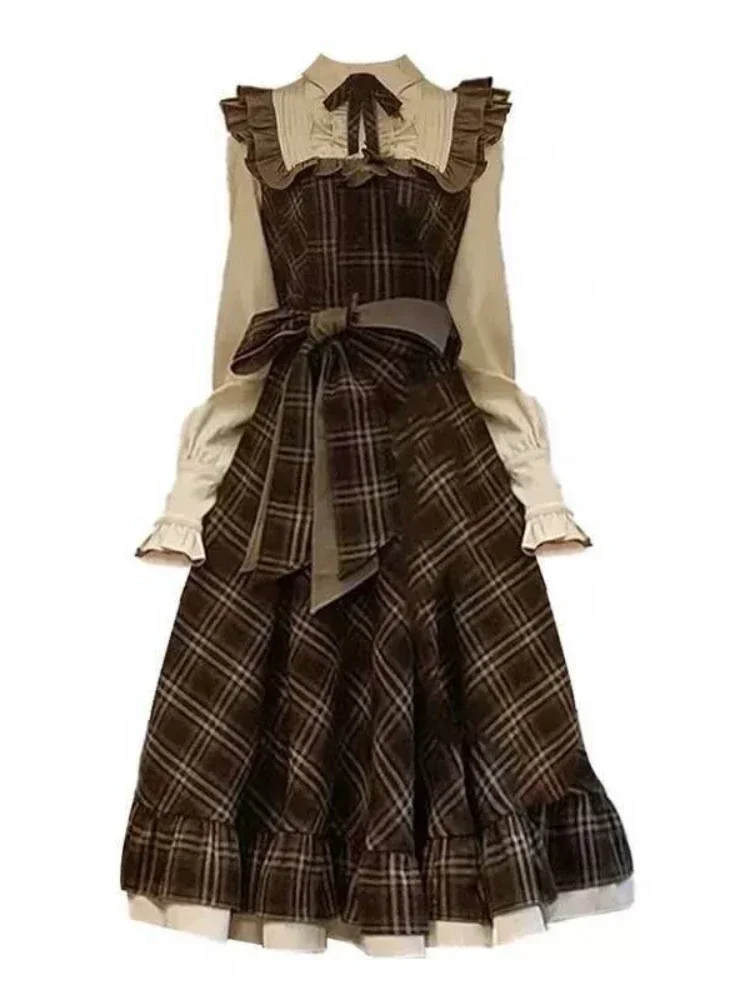 

2025 New Korean Fashion Winter Fake Two-piece Slim Waist Retro Lolita Plaid Bow Sweet Cute Dress Masquerade Dress Role Play