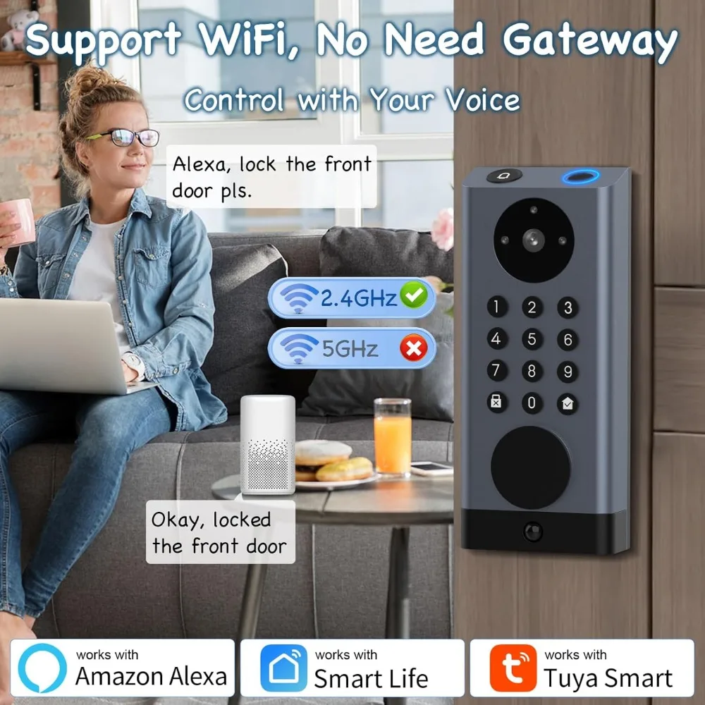 Smart Lock with Camera, Keyless Entry Door Lock Deadbolt with WiFi Video Doorbell, Fingerprint Electronic Keypad Code Door Lock