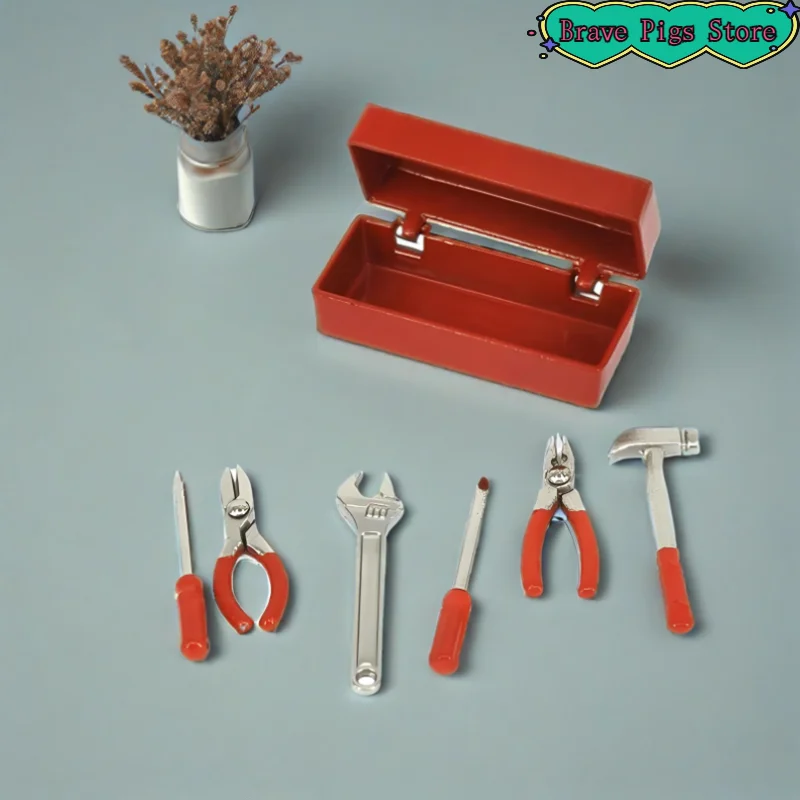 1 مجموعة صندوق أدوات مصغر + 6 أدوات يدوية نموذج اكسسوارات أثاث ديكور المنزل هدية