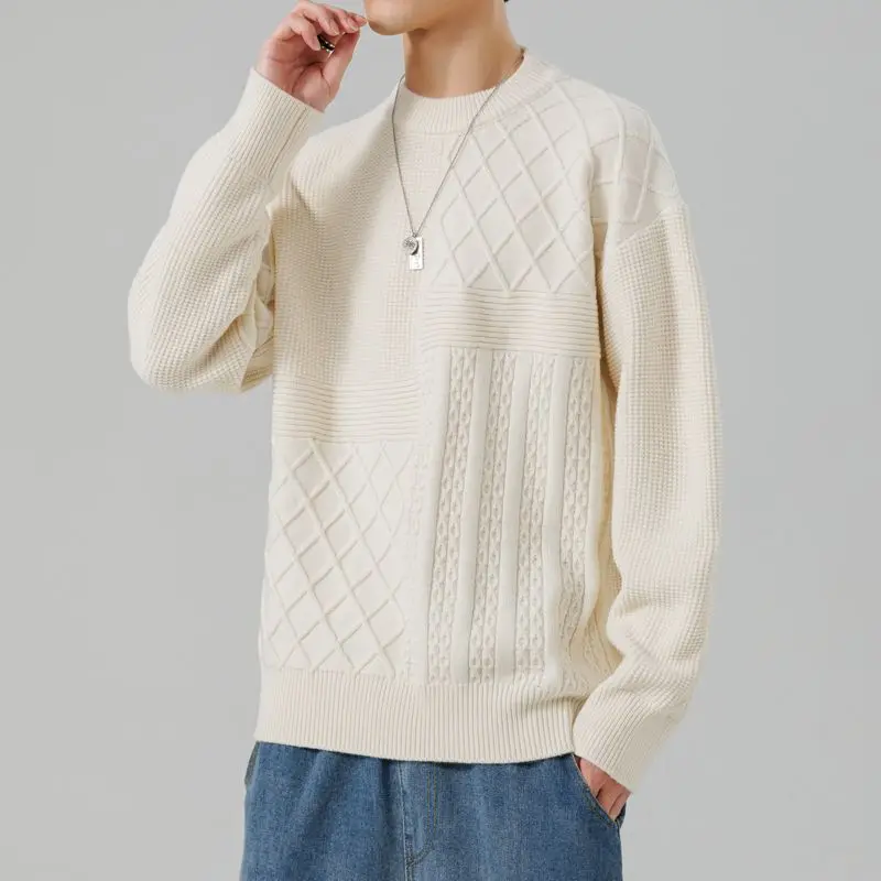 

Casual Solid Color Sweaters Men's Clothing Basic Fashion Autumn Winter New Long Sleeve Vintage Jacquard Weave Knitted Pullovers