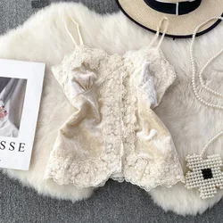 Sexy Lace Patchwork Velvet V Neck Tube Top Chic Crop Top Fashion Sleeveless Camis Autumn Women Tank Top