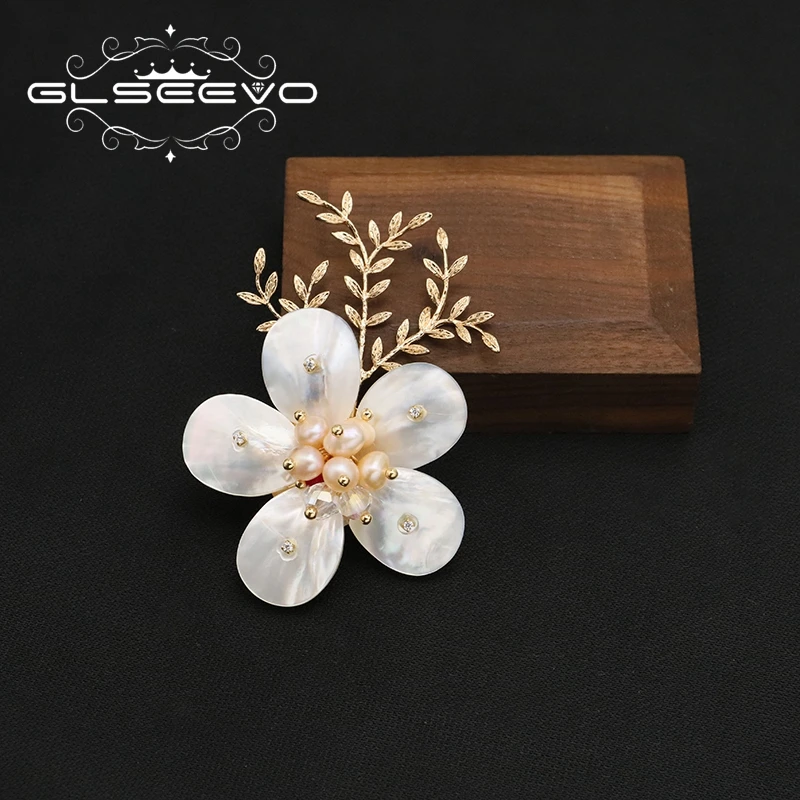 GLSEEVO Natural Shell Flowers Pink Pearls Leaves Women Brooch 2022 Trends Luxury Jewelry Vintage Wedding Jewelry GO0413