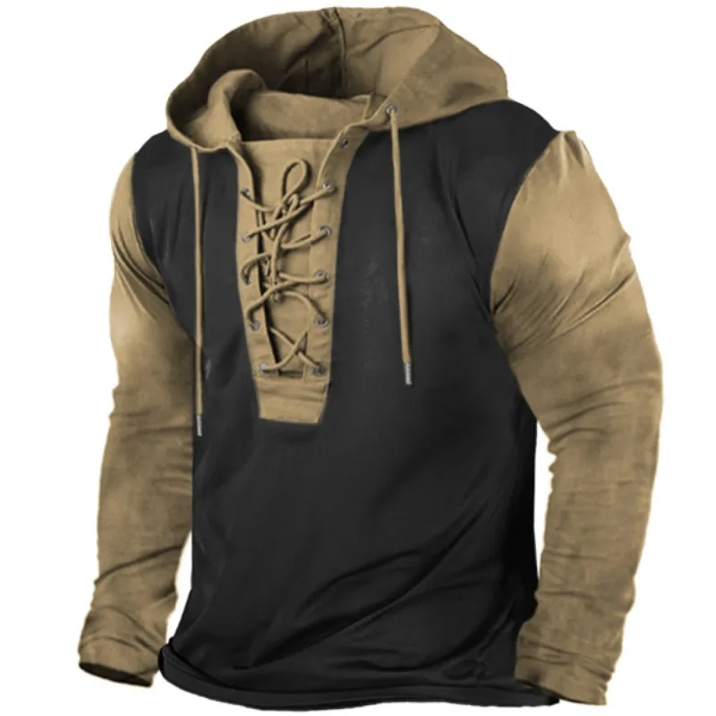 Spring and Autumn Men's Outdoor Retro Color Matching Lace-Up Hooded Long Sleeve T-Shirt for Men