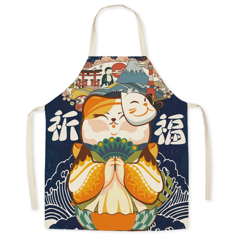 Japanese cartoon lucky cat linen apron home kitchen cooking baking apron oil-proof housework cleaning accessories