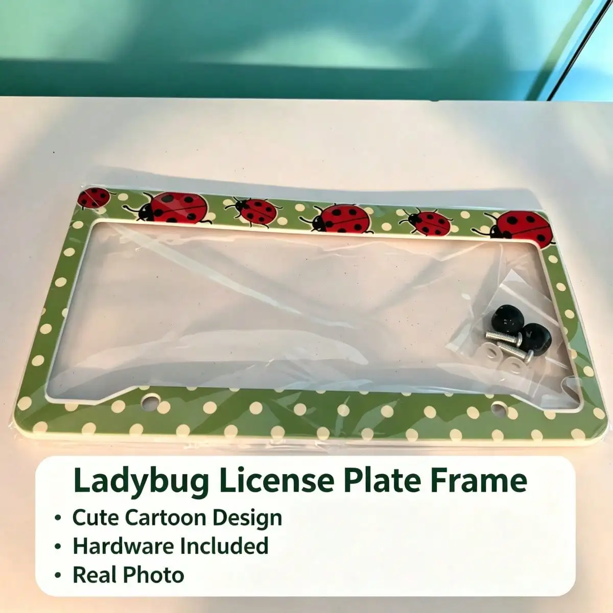 Stainless Steel License Plate Frame Green Polka Dot Ladybug Print No Block Corrosion Proof Mounting Hardware Car Tag