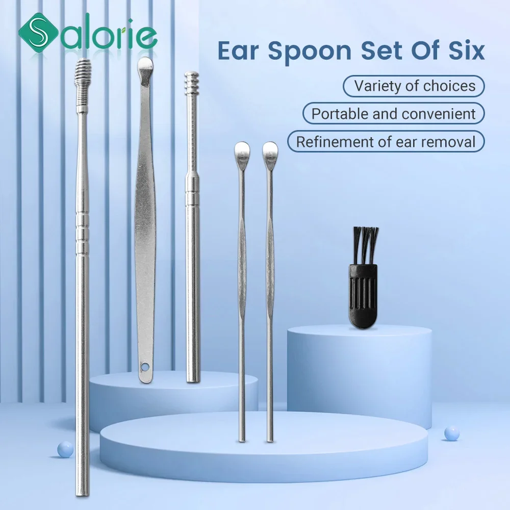 6Pcs/set Ear Wax Pickers Stainless Steel Earpick Wax Remover Piercing Kit Earwax Curette Spoon Clean Tool Stick Ear Vax Remover