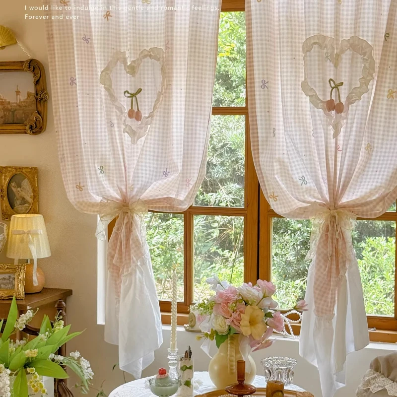 Sweet Pastoral-style Half-curtain Featuring Pink Plaid Tulip Motifs and Ruffles Suitable for Bedrooms or As A Partition Curtain