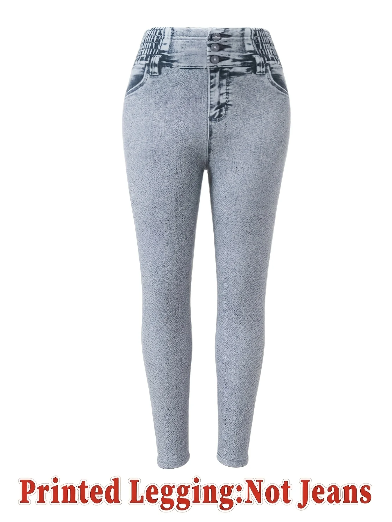 Leggings mit Fleece-Futter und Faux-Denim-Print für Herbst und Winter, schmale, lässige Sporthose, KEIN echter Denim – Detail 5