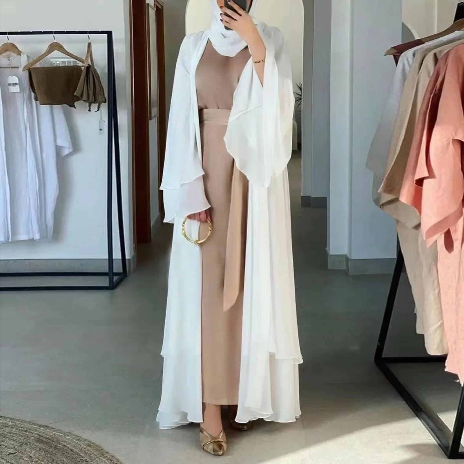 Women Muslim Long Sleeve Flowy Maxi Cardigan Islamic Open Front Kimono Abaya Robe Solid Color Belted Loose Cover Up Dress