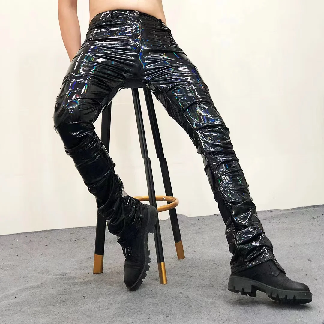 Men Pleated Trumpet Leather Trousers Skinny Reflective PU Motorcycle Leather Pants For Bar Male Singer Stage Dance Costume