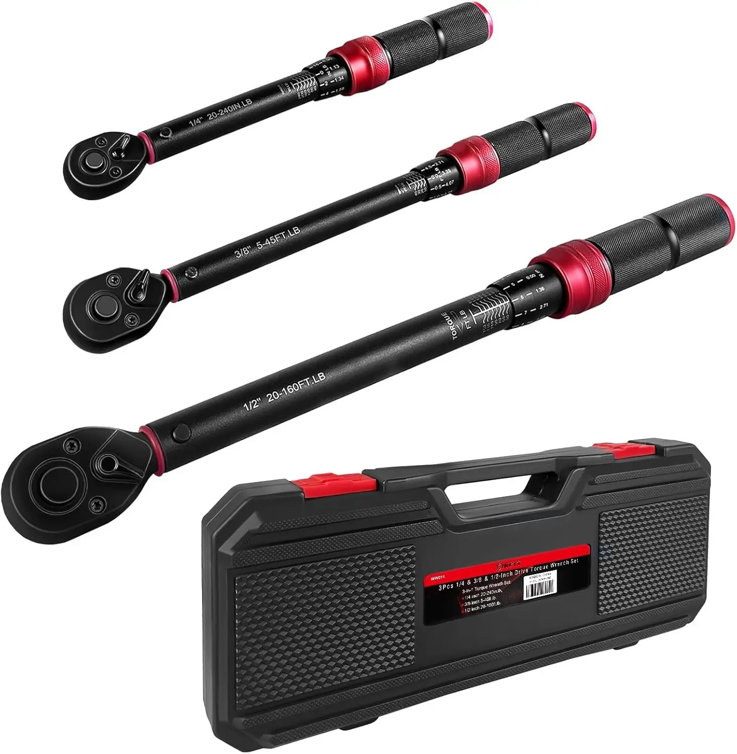 

3-Piece Torque Wrench Set, 1/4" 3/8" 1/2" Drive Click Wrenches, 20-240 in.lb, 5-45 ft.lb, 20-160 ft.lb, Dual-Direction Ratchet