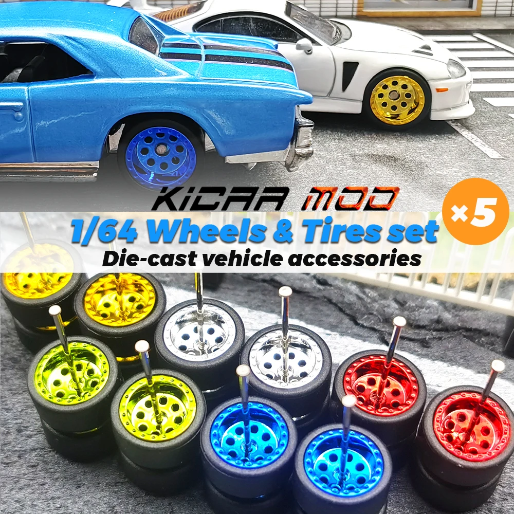 1/64 Wheels with Detachable Slick Rubber Tires Circular Spoke for Toy Model Diecast Cars Refiting Parts for MINIGT (5 Sets)