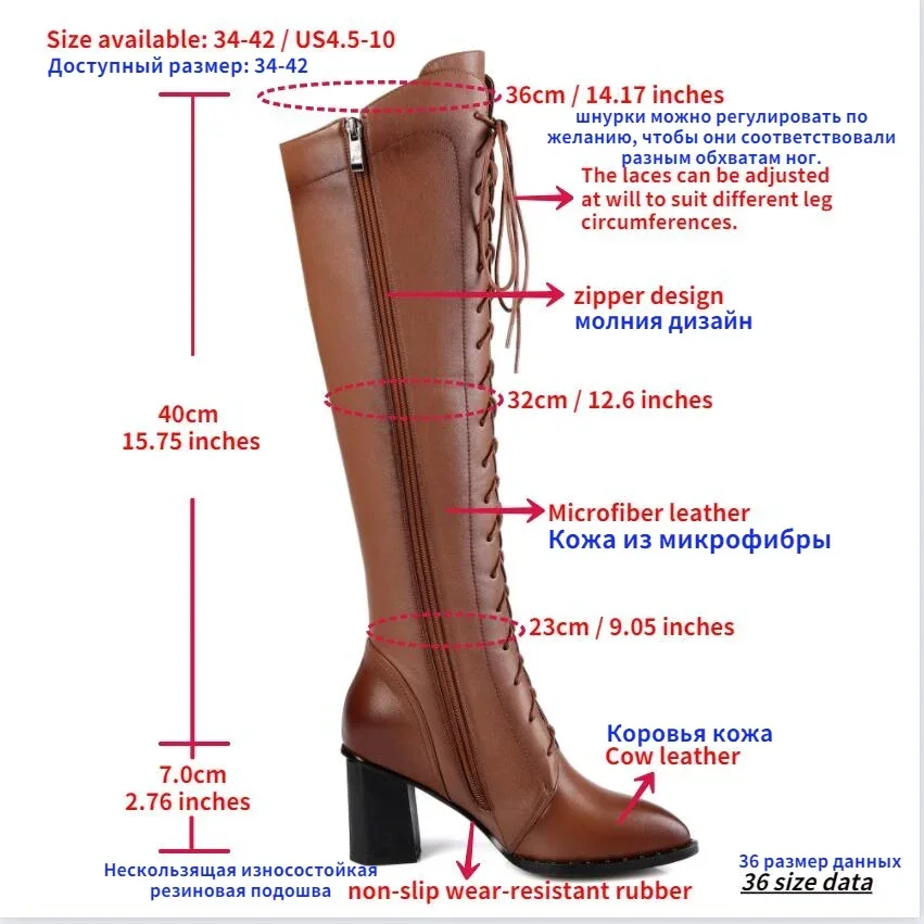 Women Knee High Boots 2022 Luxury Cow Genuine Leather Brown Black High Heels Long Boot Designer Female Winter Shoes Big Size 42