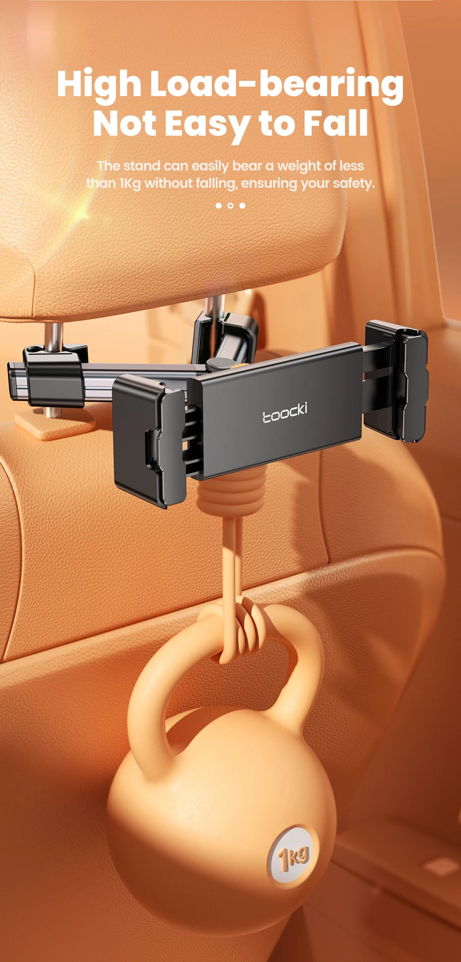 Toocki 360 ° Auto-Rücksitz-Handyhalterung mit Gleitschienen-Design, Tablet-Ständer für Kopfstützenmontage, 4,7-12,9 Zoll – Detail 6