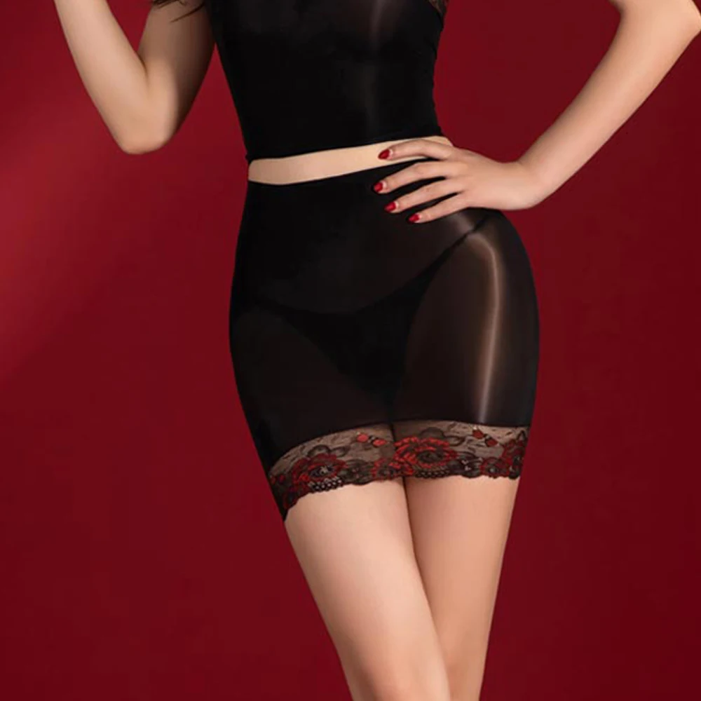 

Sexy Women Tube Top Double Use Micro Mini Skirt 6D 912Pin OIl Glossy Shiny Tight Pencil Skirt Lace See Through Maid Skirt
