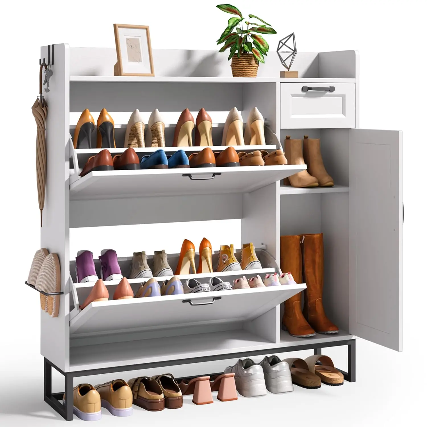 

Белый шкаф для обуви 42 дюйма, 2 откидных ящика, регулируемый боковой ящик для хранения, открытый верх, крючки, органайзер для прихожей, на заказ