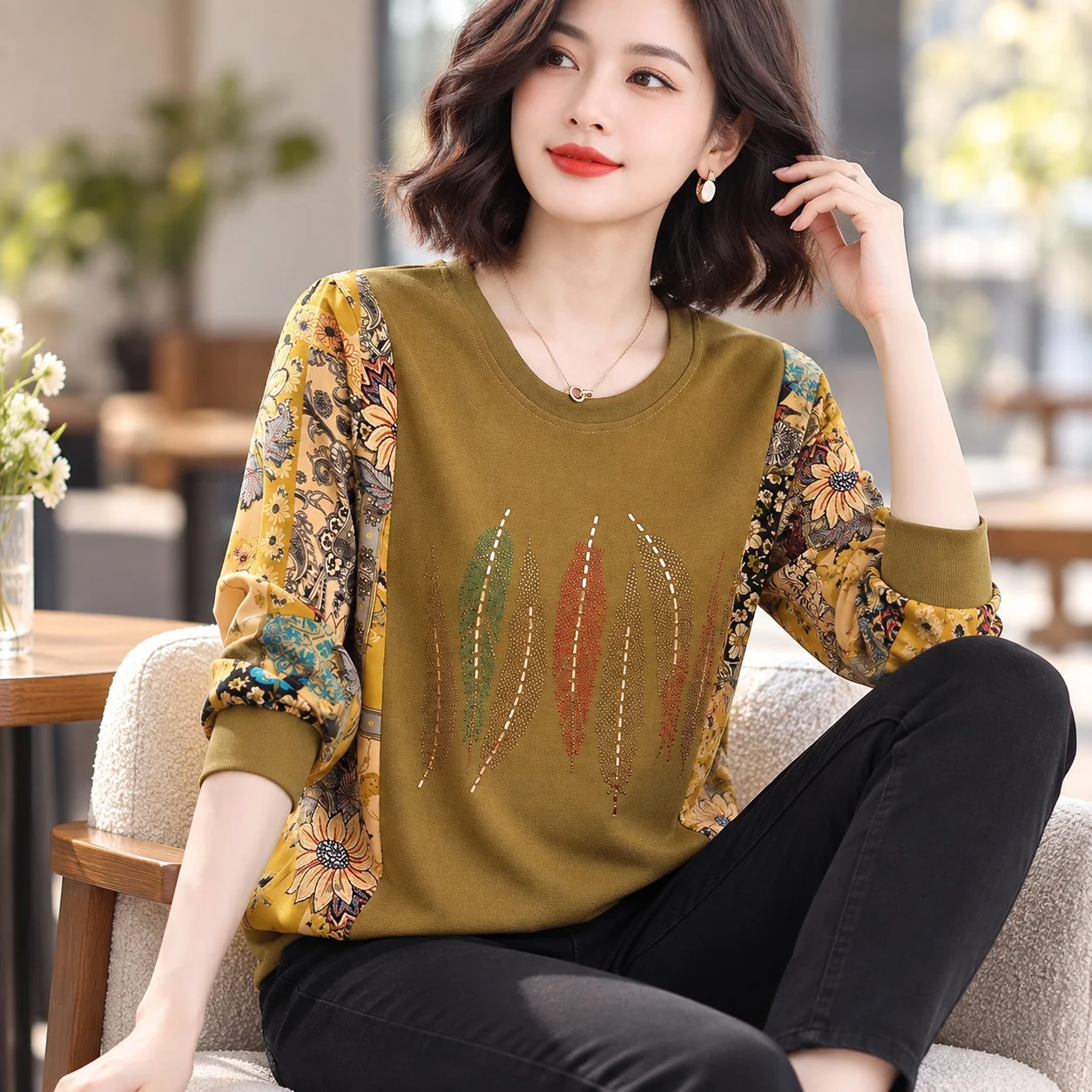 Loose Fit Long Sleeve Top Sophisticated with Floral Pattern Elegant T Shirts Private Celebrity Style Daily Spring for Women