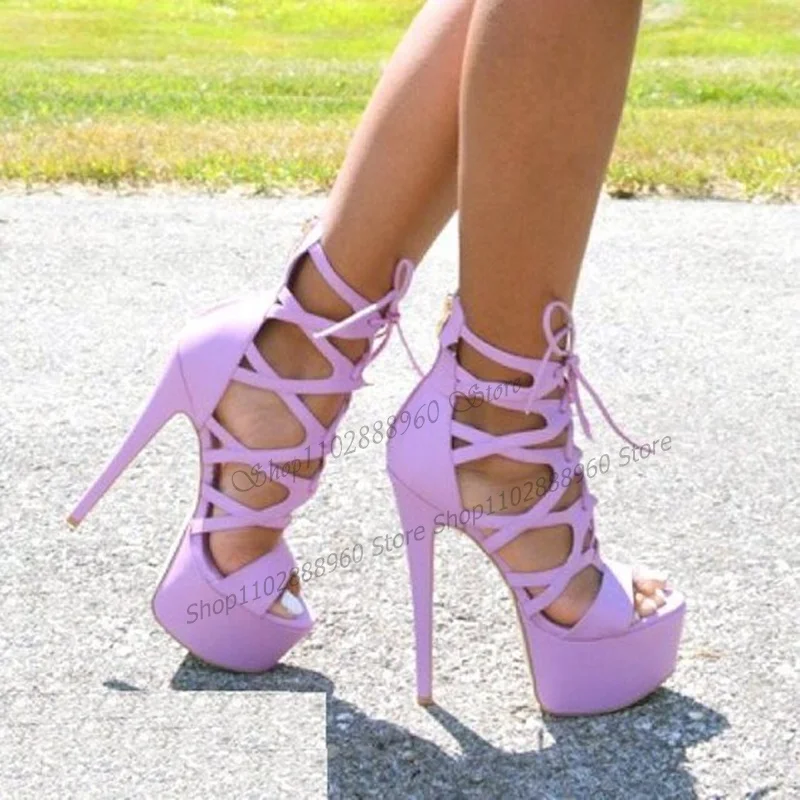 

Purple Platform Cross-Tied Narrow Band Sandals Stilettos High Heel Women Shoes Back Zipper Open Toe 2023 Zapatos Para Mujere