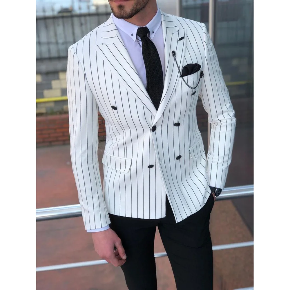 

High Quality Men Suits White Pinstripe Double Brested Peak Lapel Black Pants 2 Piece Formal Slim Wedding Full Set Blazer Homme