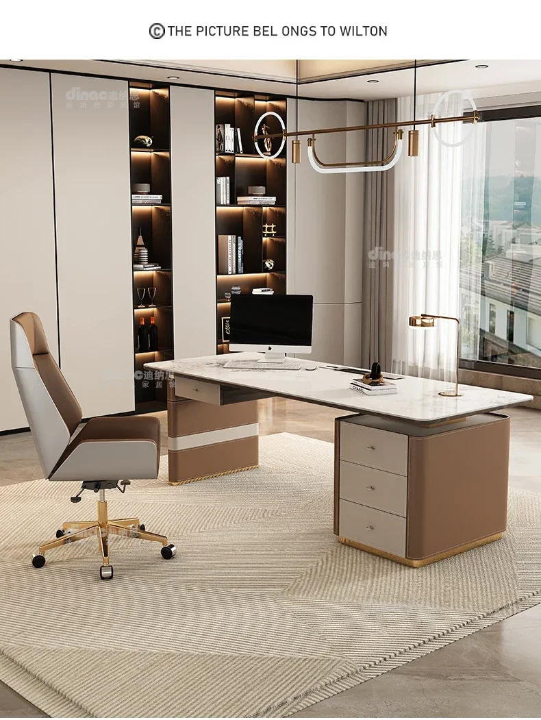 Light Luxury Stone Plate Saddle Leather Desk Study Designer Living Room Long Solid Wood Desk Home