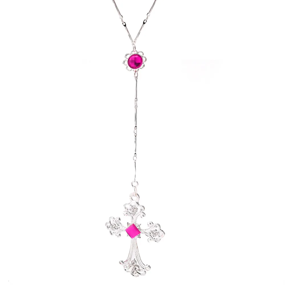 Anime DIABOLIK LOVERS Komori Yui Cosplay Necklace Pink Gem Cross Pendant Chain Gothic Jewelry Halloween Party Cos Accessories Gi