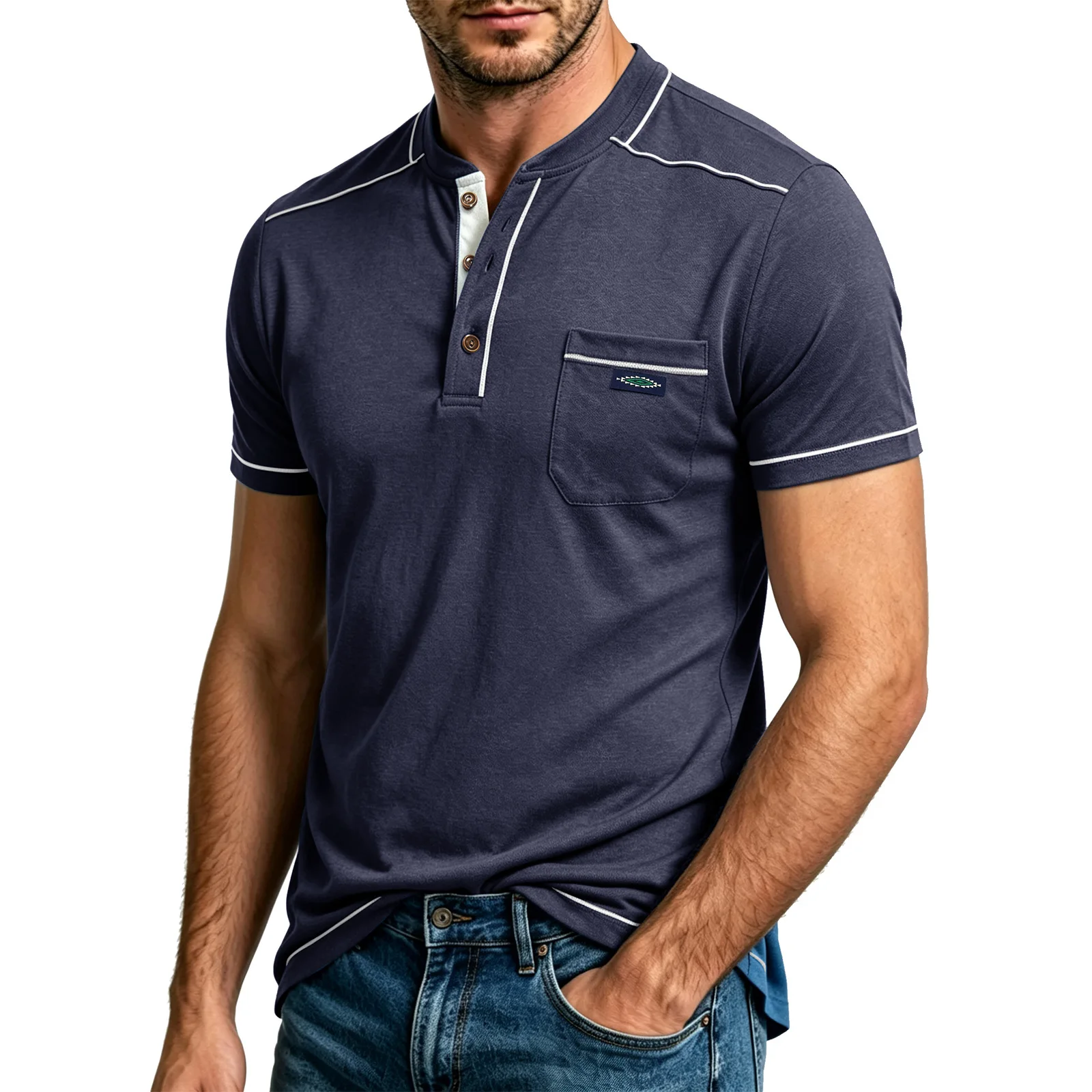 European and American Men's Large Size Round Neck Tactical Pocket Henley Top Outdoor Men's Essential T-shirt Bottoming Shirt