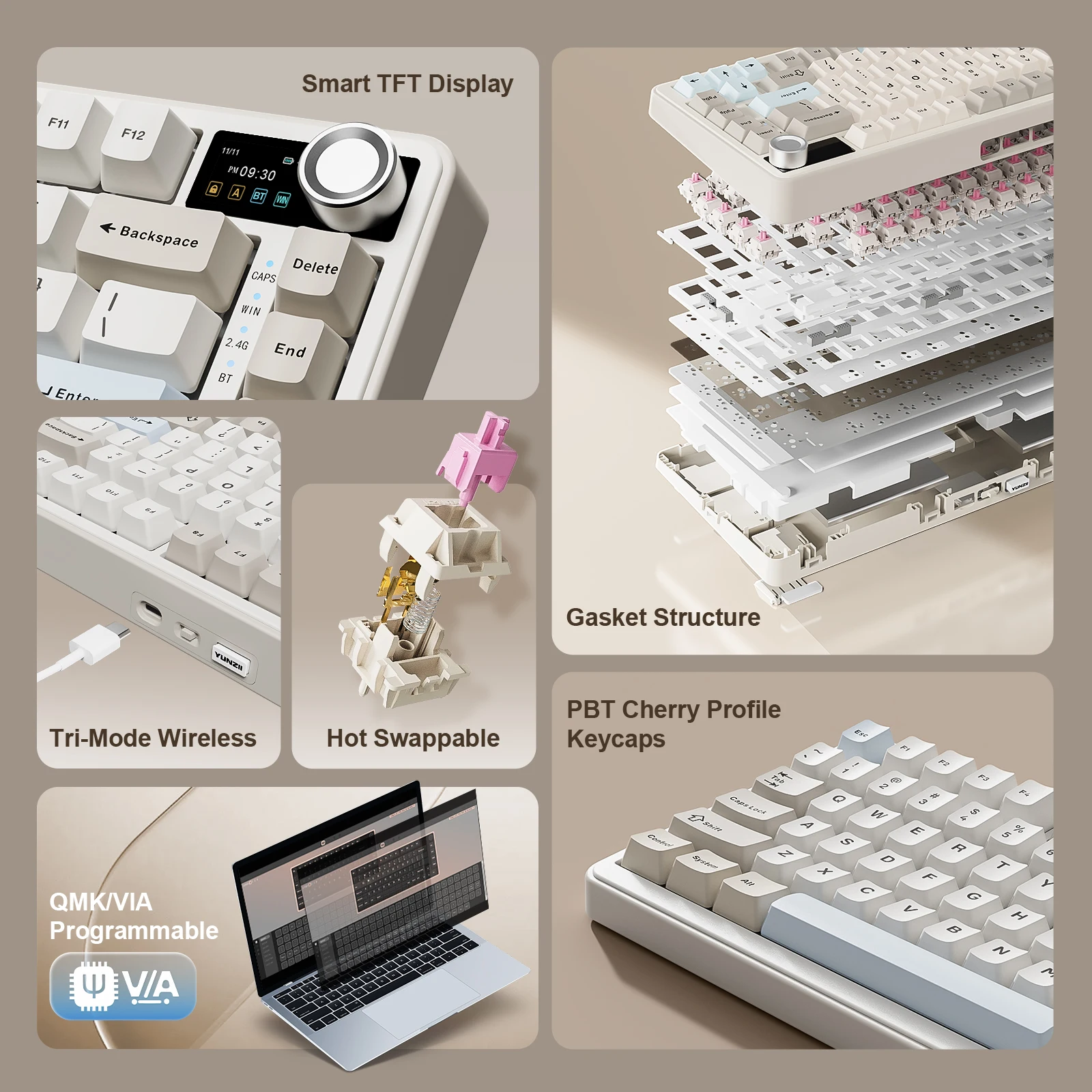 YUNZII B75 PRO MAX 무선 기계식 키보드, QMK/VIA 맞춤형 75% 게이밍 키보드(스크린 및 노브 포함), Win/Mac용 크리미 사운드