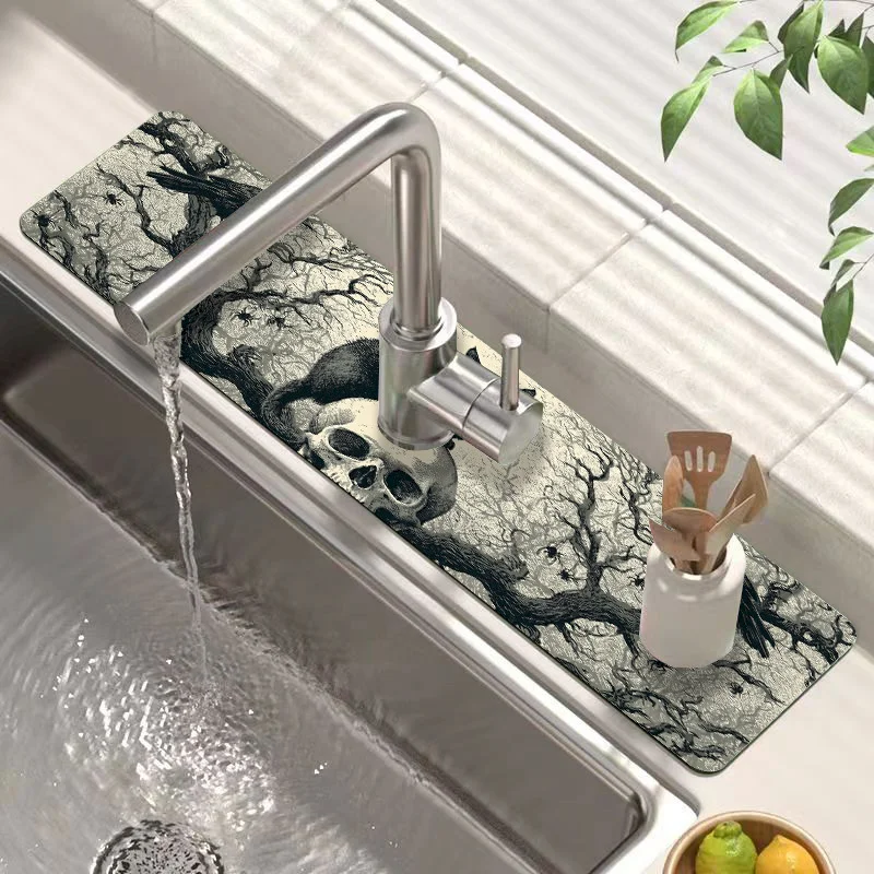 VIKAMA Halloween Black Cat Skull Faucet Pad, Kitchen Absorbent Non Slip Pad, Horror Atmosphere Floor Pad, Home Decoration